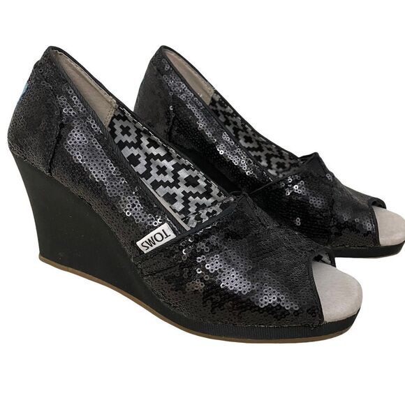 TOMS BLACK SEQUIN WEDGE 3”‎ heel SLIP ON SHOES size women’s 6.5 - Picture 2 of 9